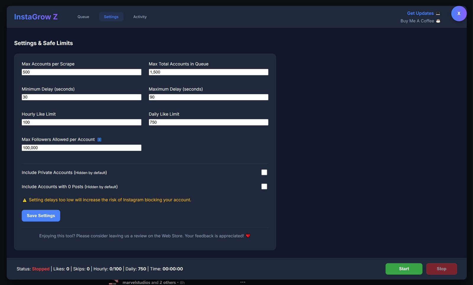 Growify Z settings showing minimum and maximum delay, hourly and daily like limits, and follower filters