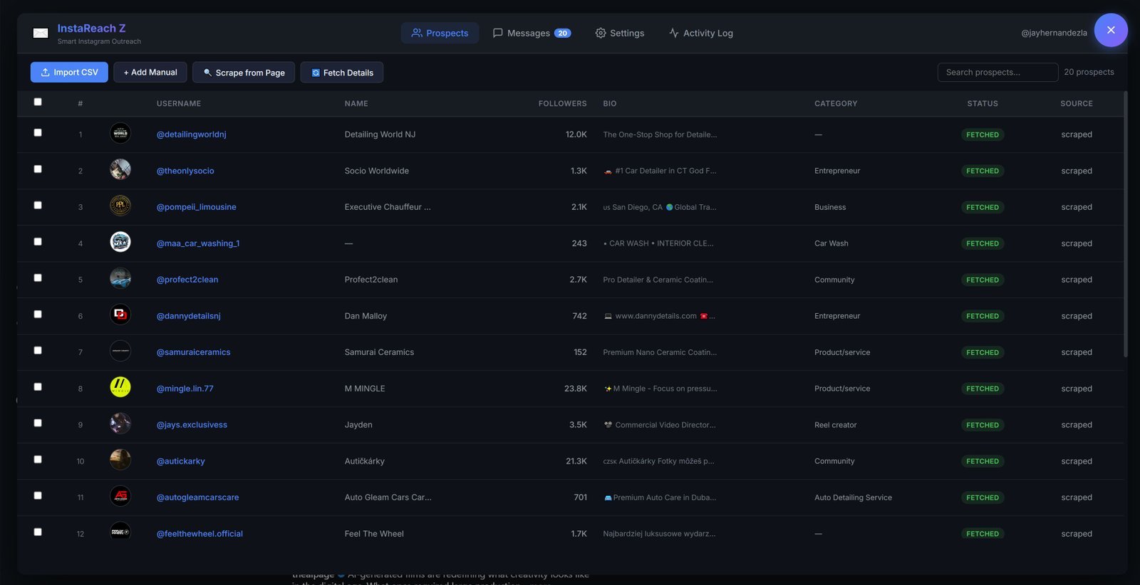 Reachify Z prospect list showing usernames, names, follower counts, bios, and categories